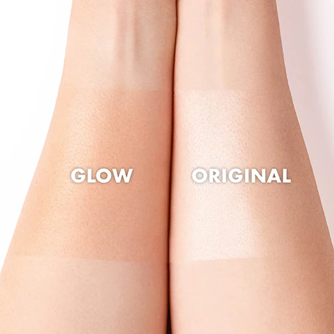 Image 1 - Image of two arms with skin swatches showing two different finishes: the left swatch labeled GLOW is warm-toned and slightly darker, while the right swatch labeled ORIGINAL is a lighter, shinier finish.
              Image 2 - Image of a clear spray bottle labeled ICONIC LONDON with a black cap, featuring text that describes it as a hydrating, luminous setting spray that preps skin, illuminates and fixes makeup, contains cucumber and chamomile to soothe skin, has caffeine to help combat dark circles, and is vegan and cruelty-free.