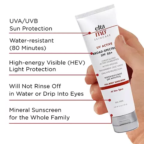 Image 1, UVA/UVB sun protection, Water resistant (80 minutes), high energy visible (HEV) light protection, will not rinse off in water or drip into eyes and mineral sunscreen for thw whole family. Image 2, number 1 dermatologist recommended, trusted, personally used professional sunscreen brand. Image 3, formulated with hyaluronic acid to reduce the appearance of fine lines and wrinkles. Image 4, Recommended skin cancer foundation daily use. Recommended as an effective broad-spectrum sunscreen. Image 5, Paraben free, vegan, noncomedogenic, oil free, fragrance free and senstivity free. Image 6, verified customer review: Recommended by my dermatologist This sunscreen offers exceptional coverage without making you feel greasy. Image 7, active ingredients, 19% zinc oxide, 4% titanium dioxide