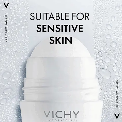 Image 1 - A white skincare stick with water droplets in the background and the text suitable for sensitive skin and VICHY LABORATOIRES.
              Image 2 - A woman with brown hair holds her arm above her head, looking directly at the camera, with the text Excessive Sweating? No One Is Gonna Know displayed beside her.
              Image 3 - A woman with long brown hair is gently touching her arm while wearing a black top, accompanied by the text LET SKIN BREATHE in teal.
              Image 4 - Image shows a promotional display of four Vichy deodorants with various colored caps and a light blue glowing line in the background, accompanied by the text PROTECT YOUR SKIN WITH EFFICACY & TOLERANCE HYPoallergenic deodorants TESTED ON SENSITIVE SKINS.