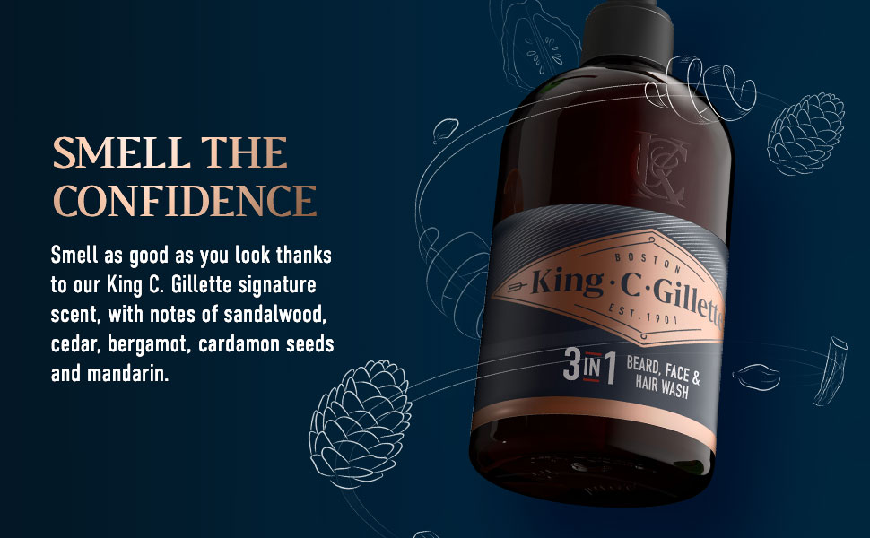 SMELL THE CONFIDENCE Smell as good as you look thanks to our King C. Gillette signature scent, with notes of sandalwood, cedar, bergamot, cardamon seeds and mandarin.