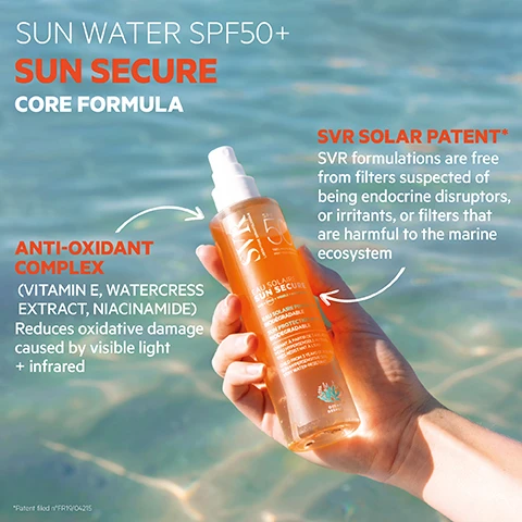 image 1, sun water SPF50+ sun secure core formula. anti oxidant complex - vitamin e, watercress extract, niacinamide. reduces oxidative damage caused by visible light and infrared. SVR solar patent - SVR formulations are free from filters suspected of being endocrine disruptors or irritants, or filters that are harmful to the marine ecosystem. image 2, very high protection against UVA + UVB + visible + infrared, sensitive skin safe for age 3+ up. invisible texture - bi-phase texture, ultra light and cool, very water resistant, non comedogenic. eco responsible - fully recyclable packaging, contains recycled materials. ocean respect = reef safe, non toxic to marine life, biodegradable. image 3, how to use = to emulsify, shake well before application. for an ultra light and invisible protection texture. suitable for face and body age 3+ up. image 4, SVR SPF50+ protection, find your ideal format. blurring mousse, invisible water, fizzing spray, cpmact spray, matt gel. kids love it.