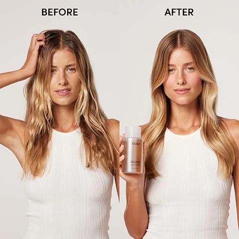Image 1 - A split-screen image shows a woman before and after using a hair product, with her messy wavy blonde hair on the left labeled BEFORE, and her smooth shiny blonde hair on the right labeled AFTER, where she holds a bottle with OUAI written on it. Image 2 - A person with wet, foamy hair and freckles is shown washing their hair while holding a bottle of Ouai Detox Shampoo, with additional on-screen text reading Clarifying & Color-Safe, Made with Apple Cider Vinegar, Removes Product Buildup, and on the bottle, OUAI DETOX SHAMPOO DEEP CLEANSING FOR ALL HAIR TYPES FORMULATED WITHOUT SULFATES, PARABENS, PHTHALATES. Image 3 - A woman with curly brown hair and freckles holds a small clear bottle of Ouai Detox Shampoo, while text overlaid on the image provides instructions: YOUR WEEKLY RESET USE 1-2X A WEEK IN PLACE OF YOUR GO-TO SHAMPOO FOR A OUAI DEEPER CLEANSE LATHER UP, LET SIT FOR 1-3 MINUTES & RINSE THOROUGHLY PAIR WITH A TREATMENT MASQUE FOR YOUR HAIR TYPE FOR ADDED HYDRATION. The bottle also displays text: OUAI DETOX SHAMPOO CHEVEUX DEEP CLEANSE SHAMPOO 3 fl oz / 89 mL. Image 4 - A bottle of Ouai Detox Shampoo with amber liquid is shown with water pouring on it and splashing, with four circular images below featuring a pink rose, a halved lychee, black berries, and white freesia flowers, and text reads Melrose Place Fragrance, Ouai, Detox Shampoo, Shampooing Détox, All Hair Types, Tous Les Cheveux, 10 fl / 300 ml, Rose, Lychee, Berry, Freesia. Image 5 - A four-panel image demonstrates a hair care routine: Step 1 Exfoliate with Scalp & Body Scrub shows a hand scooping a granular white scrub from a jar labeled OUAI Scalp & Body Scrub; Step 2 Deep Cleanse with Detox Shampoo shows a hand pouring a clear brown liquid from a bottle labeled OUAI Detox Shampoo into another palm; Step 3 Hydrate with a Treatment Masque shows a hand scooping a thick white masque from a jar labeled OUAI Thick Hair Treatment Masque; and Step 4 Detangle & Fight Frizz with Leave In Conditioner shows a hand spraying a white liquid from a bottle labeled OUAI Leave In Conditioner onto another palm. Image 6 - A person with wet, curly hair and shampoo suds on their head, face, and neck is pictured, with the text A DETOX THAT DOESNT SUCK. Image 7 - A hand holds a bottle of Ouai Detox Shampoo with golden liquid pouring over the top and dripping down, displaying text that reads OUAI, DETOX SHAMPOO, SHAMPOOING DÉTOX, ALL HAIR TYPES, TOUS LES CHEVEUX, 10 fl oz / 300 ml, APPLE CIDER VINEGAR HELPS EXFOLIATE TO REMOVE FLAKES, RESIDUE & BUILDUP, CHELATING AGENTS HELPS REMOVE HARD WATER DEPOSITS AND IMPURITIES, HYDROLYZED KERATIN HELPS SOFTEN AND SMOOTH FRIZZ AND ADDS SHINE.