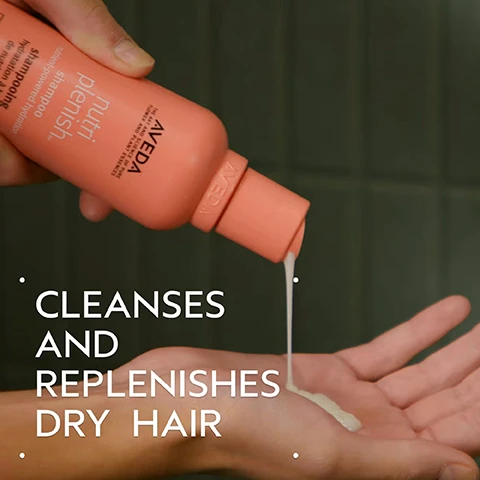 Image 10 - Three white certification logos are displayed against a backdrop of dark green leaves: a circle with a V and the text 100% VEGAN, a circle with a B and the text Certified B Corporation, and a leaping rabbit with stars and the text Cruelty Free INTERNATIONAL. Image 5 - A persons hand squeezes a coral-colored Aveda Nutriplenish shampoo bottle, labeled nutri plenish. shampoo nutrient-powered hydration. AVEDA THE ART AND SCIENCE OF PURE FLOWER AND PLANT ESSENCES, dispensing shampoo into another persons open palm, with overlay text that reads CLEANSES AND REPLENISHES DRY HAIR. Image 6 - A hand holds a peach-colored Aveda conditioner tube that reads AVEDA THE ART AND SCIENCE OF PURE FLOWER AND PLANT ESSENCES nutri plenish conditioner nutrient-powered hydration après-shampooing hydratation à base de nutriments light moisture hydratation légère 8.5 fl oz/oz liq/250 ml e, next to text that reads CONDITIONS AND REPLENISHES DRY HAIR. Image 7 - A before and after image shows a woman with long dark hair, on the left her hair appears somewhat dull and frizzy with visible roots, captioned BEFORE Unwashed Hair, and on the right her hair is shiny, smooth, and styled with voluminous waves, captioned AFTER and Results with Nutriplenish™ Shampoo and Conditioner: Light Moisture, Daily Moisturizing Treatment, Styling Treatment Foam, Multi-Use Hair Oil and Wooden Paddle Brush. Blow dried with round brush. Image 8 - A dark green background features a central circular abstract image of swirling dark red, yellow, and brown liquids, with white text SUPERFOOD COMPLEX in the top left, small Lorem ipsum text inside the circle, POMEGRANATE SEED OIL, COCONUT OIL, MANGO BUTTER listed in the bottom left, and Hydrates and replenishes dry, depleted hair text in the bottom right. Image 9 - A visual guide titled HOW TO USE displays a four-step hair care routine: 01 CLEANSE, showing a hand massaging shampoo into wet hair, with text nutriplenish™ Shampoo: Light Moisture; 02 CONDITION, depicting a hand squeezing conditioner from an orange bottle into a palm, with text Nutriplenish™ Conditioner: Light Moisture; 03 TREAT, illustrating a person touching their long hair, with text Nutriplenish™ Daily Moisturizing Treatment; and 04 STYLE, showing a hand dispensing styling foam onto a brush, with text Nutriplenish™ Styling Treatment Foam & Multi-Use Hair Oil.