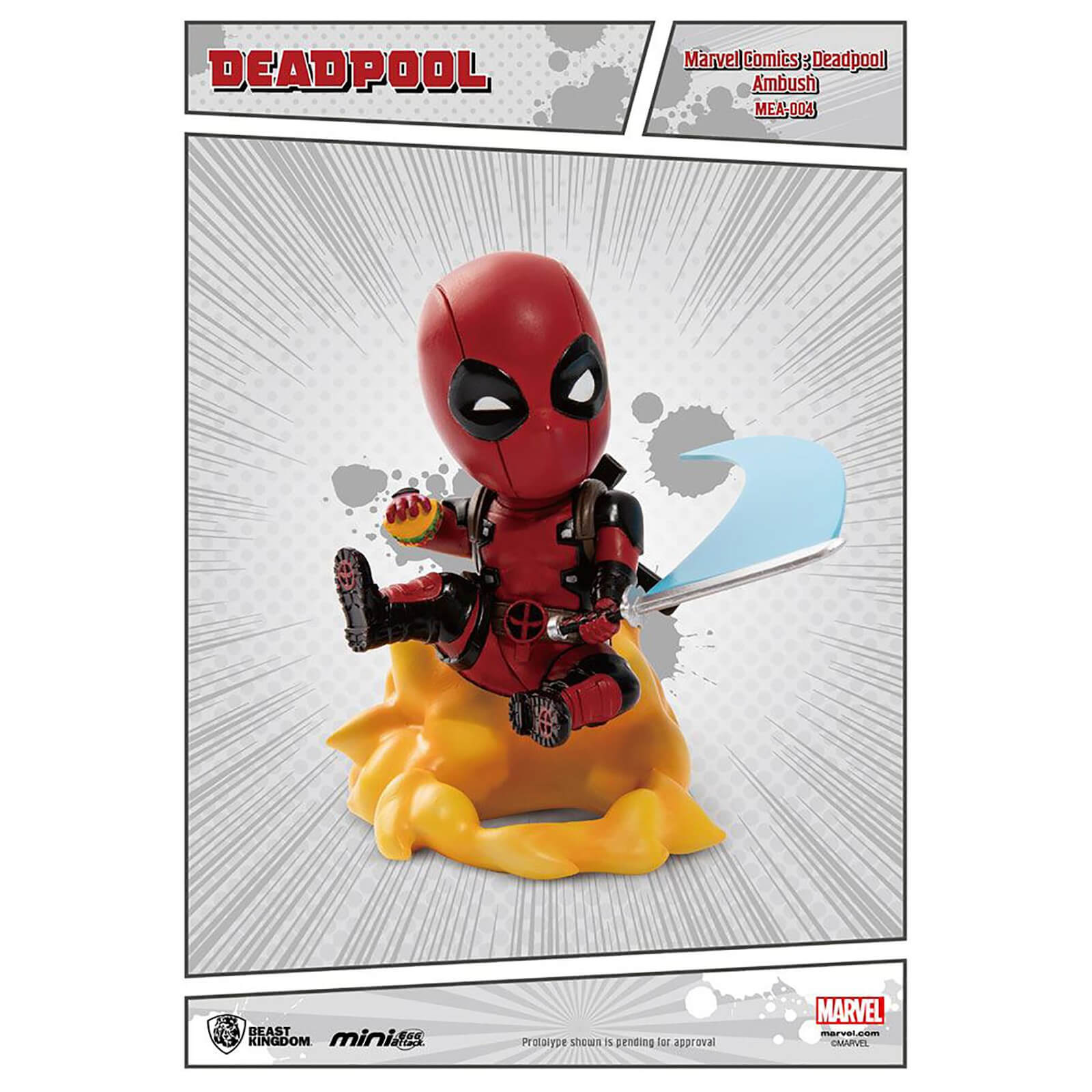Image showing the Deadpool statue swinging his sword. Text on screen reads, Deadpool, Msrvel Comics: Deadpool ambush MEA-004. Beast Kigdom.
