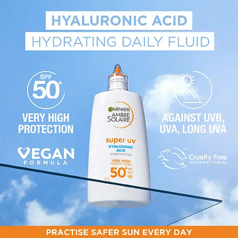 Hyaluronic acid hydrating daily fluid. SPF 50+ very high protection. Vegan formula. Against UVB, UVA, Long UVA. Cruelty free international tm. Practise safer sun every day. How to use? Apply after skincare routine. Antipollution, smooths skin, intensely hydrates. Practise safer sun every day. Fluid texture, invisible finish, lightweight, non-greasy, non sticky. Practise safer sun every day. 3% glycerin vitamin E hyaluronic acid. Practise safer sun every day. Dermatologically tested. For all skin. Non-comedogenic. Fragrance free. Suitable for sensitive skin. Practise safer sun every day. Approved by our board of dermatologists. Recognising Garnier's research into skincare, British Skin Foundation. Formulas and test results reviewed by a board of 11 dermatologists sponsored by Garnier Ambre Solaire.