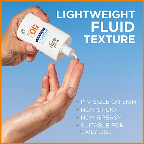 image 1, lightweight fluid texture. invisible on skin, non sticky, non greasy, suitable for daily use. image 2, dermatologically tested. hypoallergenic. non-comedogenic. fragrance free. approved by out board of dermatologists. cruelty free international. vegan formula. image 3, 96% said it is easy to add into the daily routine. 93% said it feels ultra light on skin. 91% said it is the perfect daily SPF. approved by real people. image 4, a strict formulation charter. 50+ very high protection. protect against UVB, UVA, long UVA. anti-eye stinging. tested under dermatological control. recognised by the british skin foundation. hypoallergenic. no fragrance. invisible on skin. non greasy. cruelty free. image 5, shake well, apply just before sun exposure, blend generously and evenly on the whole face. suitable for daily use. image 6, with hyaluronic acid. spf 50+ very high protection. against UVB, UVA, long UVA. image 7, super uv.