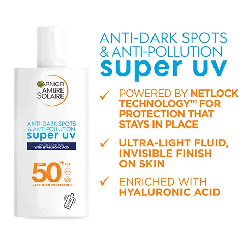Five images transitioning into each other in an endless loop. Image 1: Anti dark spots and anti pollution super UV. Powered by netlock technology for protection that stays in place. Ultra light fluid invisible finish on skin. Enriched with hyaluronic acid. Image 2: 96% said it's easy to add into the daily routine. 93% said it feels ultra light on skin. 91% said it is the perfect daily SPF. Image 3: Shows a range of positive customer reviews: Leaves skin soft and radiant- Janine. Really happy with this product and will use throughout the year- Katie. 100% recommend and would not go back to my old SPF. One of the best SPF protection products that i have used- Caitlin. Image 4: Shake well, apply just before sun exposure and suitable for daily use. Image 5, With Hyaluronic acid. Image 6: A strict formulation charter. Very high protection. No fragrance. Against UVB, UVA, long UVA. Anti eye-stinging. Tested under dermatological control. Non-greasy & quick absorption. Garnier supports European Cancer leagues. Hypoallergenic. Image 7: Shake well. Apply just before sun exposure. Suitable for daily use. Image 8: With Hyaluronic acid. Image 9: Cruelty free international - All Garnier products are officially approved by cruelty free international under the leaping bunny program. Image 9, recognising  Garnier's research into suncare british skin foundation.
