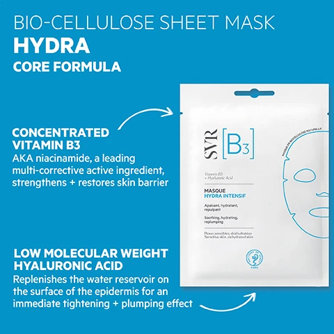 image 1, core formula - concentrated vitamin B3 - AKA niacinamide, a leading multi corrective active ingredient, strengthens and restores skin barrier. low molecular weight hyaluronic acid - replenishes the water reservoir on the surface of the epidermis for an immediate tightening and plumping effect. image 2, how to use - apply mask to clean skin, tap lightly for proper adherence, leave it on for 15 minutes or more. massage in any excess product after removal. no rinsing or additional moisturiser needed. image 3, proven efficacy from the first application. 90% skin is plumped in 15 minutes. +65% smoothed skin, +44% soothed skin. soothing and hydration, skin is plumped and prepped. optimal tolerance - for sensitive skin, fragrance free, 94% ingredients of natural origin. texture - soft and cooling bio-cellulose mask, biodegradable. image 4, essence hydra - repair, moisturise, re-plump, first step after cleansing. ampoule hydra - hydrating, plumping and repairing serum for dry or irritated skin.