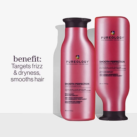 Image 1, benefit - targets frizz and dryness, smooths hair. image 2, vitamin e, camellia seed oil, shea butter. image 3, vegan formulas - sulfate free for a gentle cleanse. sustainable - bottles made from post consumer recycled materials. up to 80+ washes in one bottle. all formulas are highly concentrated meaning less water needed. every formula is made without animal products or by products. pureology never tests on animals. our shampoo and conditioner bottles, excluding cap, are created with 95% post consumer recycled materials.