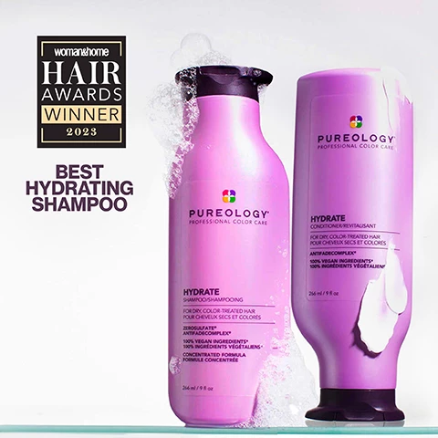 Image 1, woman and home hair awards winner 2023, best hydrating shampoo. Image 2, LF customer review = leaves hair feeling silky smooth, very easy to lather up and you only need a tiny bit as it goes a long way. fresh smelling and it has left my hair feeling very silky smooth each time it is washed, highly recommend. Image 3, LF customer review = hair must have, buying this on repeat now, definitely worth the money, this saved my bleached hair. Image 4, up to 80 washes per bottle. Image 5, rose extract, green tea extract, multi weight proteins. Image 6, hydrate for dry hair, thirst quenching formula helps provide superior moisture for dry hair, touchable softness, antifade complex  that helps protect colour. vegan formula, no animal derived ingredients. Image 7, 100% vegan formulas, sulfate free for a gentle cleanse *no animal derived ingredients. made from post consumer recycled materials. 80+ washes in one bottle, all formulas are highly concentrated, less water needed.
