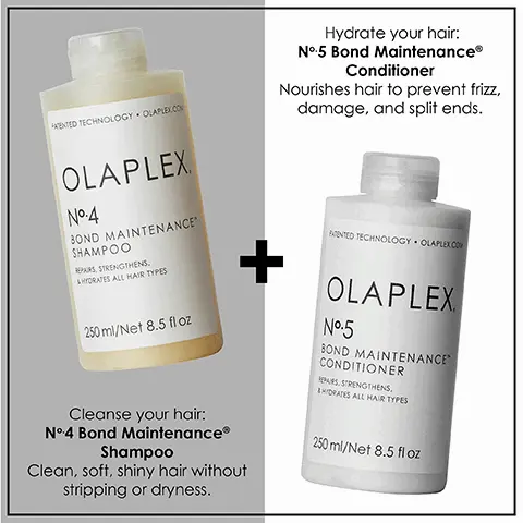 Image 1, Cleanse your hair: No4 Bond Maintenance Shampoo. Clean, soft, shiny hair without stripping or dryness. Hydrate your hair: No5 Bond Maintenance Conditioner Nourishes hair to prevent frizz, damage and split ends. Image 2, The environment come first, together with out updated carbon negative footprint from 2015 to 2021. We eliminate 35mm pounds of GHG from being emitted to the environment. We save 44k gallons of water from being wasted. We protect 57mm trees from being deforested. Image 3, Hair Cuticle Before, Hair Cuticle After.