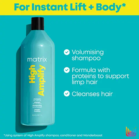 image 1, For Instant Lift + Body* matrix High Amplify Volumising shampoo Formula with proteins to support limp hair Cleanses hair voluminateur 338 FLOZIL *Using system of High Amplify shampoo, conditioner and Wonderboost Image 2, For Instant Lift + Body* matrix High lill Amplify ✔ Instant body all over for thicker-looking hair Provides lightweight conditioning Lasting volume* *Using system of High Amplify shampoo, conditioner and Wonderboost Image 3, High Amplify Volumising haircare system with instant lift and body for lasting volume* Cleanse matrix High Amplify Nourish matrix High Amplify Volumising Shampoo Volumising Conditioner *Using system of High Amplify shampoo, conditioner and Wonderboost Image 4, matrix total results ↑ matrix High Amplify High Amplify 33.8 FL OZ/1L New Look! Same Great Formula shampoo for volume champ de volumen shompooing volumisonour Protein Protéine 358 FLOR/IL Image 5, total results matrix ↑ matrix High Amplify High Amplify.com 338 FLO2/IL New Look! Same Great Formula conditioner for volume condicionador de volumen revitalisant Protéine 338FLO2/1L
