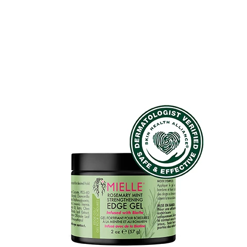 Image 2 - A black and green jar of Mielle Rosemary Mint Strengthening Edge Gel with a label displaying product information and a circular seal that reads Dermatologist Verified Safe & Effective.
              Image 4 - An image featuring a clear gel or product dripping against a soft green background, with visible text stating PROVIDES INTENSE SHINE & HYDRATION, INFUSED WITH BIOTIN, and SUPPORTS HEALTHY EDGES.
              Image 5 - A jar of Mielle Rosemary Mint Strengthening Edge Gel is positioned on a green surface, with mint leaves nearby and text above that reads HOW TO USE: Apply gel to edges and smooth with fingertips or brush for desired hold.