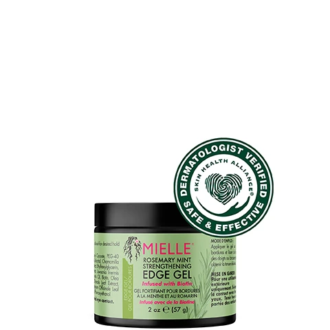 Image 2 - A container of Mielle Rosemary Mint Strengthening Edge Gel with a green label and black lid, featuring a circular dermatologist verification seal that states Dermatologist Verified Safe and Effective, with product volume indicated as 2 oz (57 g).
              Image 4 - A dollop of creamy hair product is shown against a light green background, with text that reads Formulated to offer deep moisture and healthy strength, Infused with biotin, and Made with certified organic ingredients.
              Image 5 - An image of a jar of Mielle Rosemary Mint Strengthening Hair Masque placed on a light green pedestal, with visible text instructions on how to use it, stating to smooth the masque through damp hair, leave it in for 15-20 minutes, and rinse thoroughly.