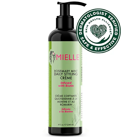 Image 2 - A bottle of Mielle Rosemary Mint Daily Styling Crème with a pump top, featuring a green label and the text DERMATOLOGIST VERIFIED SAFE & EFFECTIVE in a circular badge; the text on the bottle includes Rosemary Mint Daily Styling Crème and Infused with Biotin in English and French.
              Image 4 - A creamy hair product is shown on a light green background with text stating lightweight formula, infused with biotin, and use daily for twist-outs, braid-outs, and wash-and-go styles.
              Image 5 - A brown bottle of Mielle Rosemary Mint Daily Styling Crème is displayed against a light green background, with the label showing Mielle in pink and ROSEMARY MINT DAILY STYLING CRÈME infused with Biotin, alongside a green block that has instructions: HOW TO USE Section hair and apply product to damp or dry hair. Do not rinse. Style hair as desired. For best results, use as a daily styling cream for twist-outs, braid-outs, and wash-and-go styles.