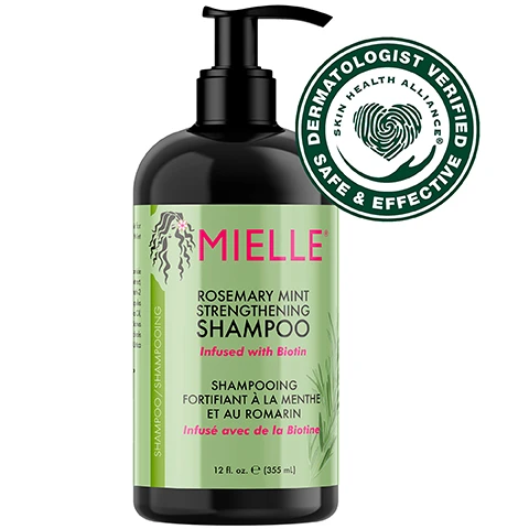 Image 2 - A black shampoo bottle with a pump features a green label that reads MIELLE ROSEMARY MINT STRENGTHENING SHAMPOO Infused with Biotin and the text SHAMPOOING FORTIFIANT À LA MENTHE ET AU ROMARIN Infusé avec de la Biotine, accompanied by a circular dermatologist verified seal that states SAFE & EFFECTIVE.
              Image 4 - A creamy hair product is shown on a light green background, accompanied by icons and text stating Gently cleanses and protects hair, Infused with biotin, and Made with certified organic ingredients.
              Image 5 - A bottle of Mielle Rosemary Mint Strengthening Shampoo is displayed against a soft green background, with mint leaves nearby and instructions on how to use the product that read: HOW TO USE Apply a 5p coin-sized amount into hands and massage on wet hair for rich lather. Rinse thoroughly. Repeat and follow with Rosemary Mint Strengthening Hair Masque.
