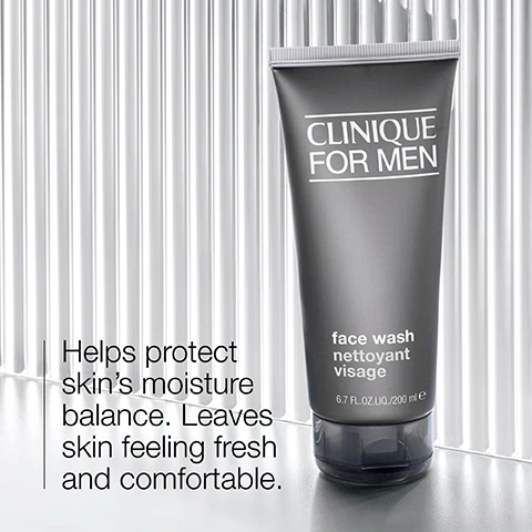 Image 2 - A gray tube of Clinique For Men face wash stands against a ribbed white background with text that reads CLINIQUE FOR MEN face wash nettoyant visage 6.7 FL. OZ. LIQ./200 ml e and Helps protect skins moisture balance. Leaves skin feeling fresh and comfortable. Image 3 - Two clear dishes on a white background display ingredients, with a clear liquid and sugar cubes labeled Sucrose in the top right dish and aloe vera leaves and gel labeled Aloe vera in the bottom left dish. Image 5 - A background of white foam and bubbles features two black icons and text on the left, displaying bubbles with sparkles above the word cleanse, and a circular refresh arrow above the word refresh. Image 6 - A light blue open jar of Clinique For Men Maximum Hydrator sits atop another jar, showcasing its blue gel texture, with text that reads Provides a burst of moisture to just-shaved skin, CLINIQUE FOR MEN, maximum hydrator, 72-hour auto-replenishing hydrator, soin auto-réhydratant 72H. Image 7 - The image shows a clear gel substance on a white dish and several slices of aloe vera leaf pulp on another white dish, with the text Aloe vera and Hyaluronic acid. Image 9 - A swatch of glossy light blue gel against a white background features two water drop icons and the word hydrate.