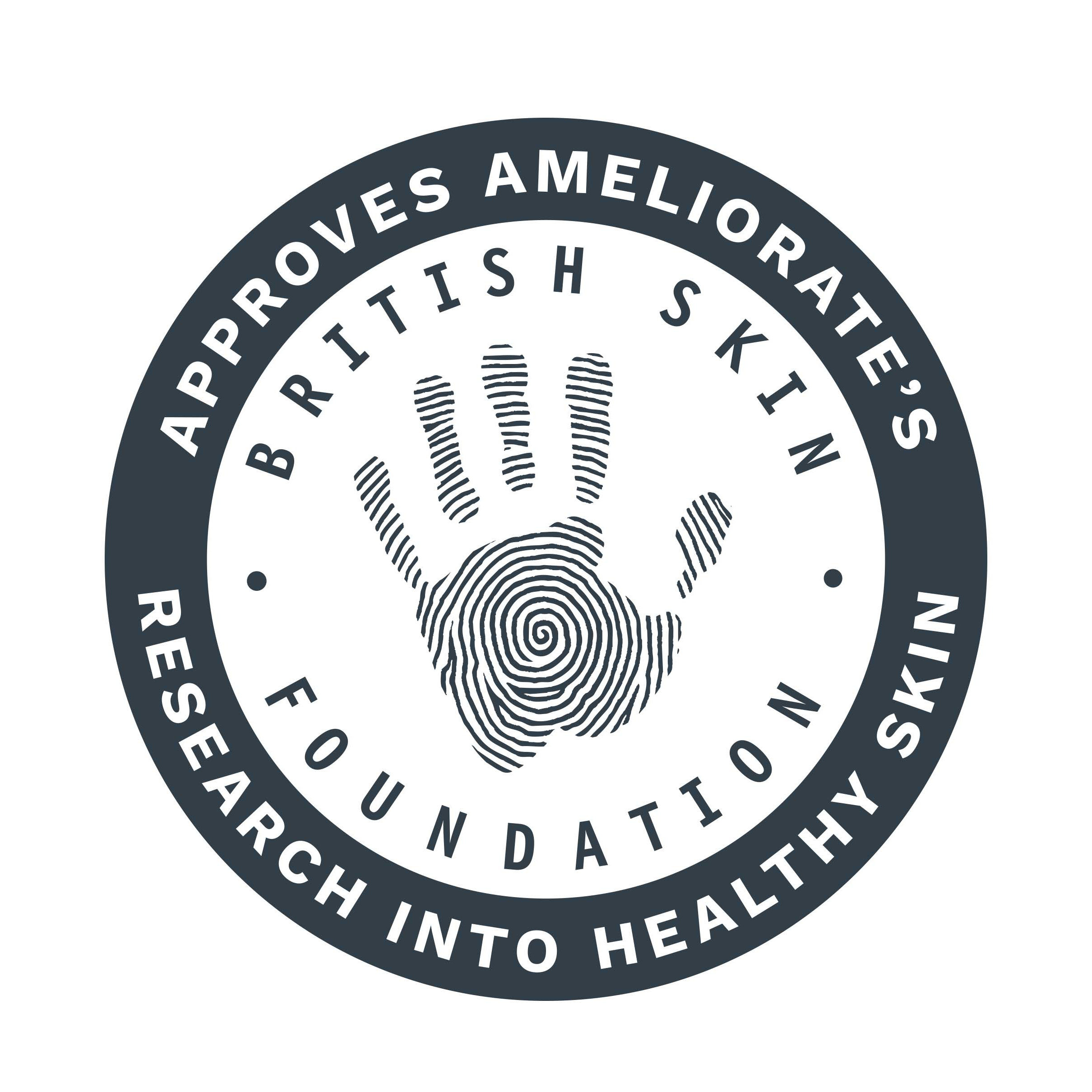 A dark grey circular logo with a handprint made of fingerprint patterns in the center, and the text APPROVES AMELIORATES BRITISH SKIN FOUNDATION RESEARCH INTO HEALTHY SKIN.