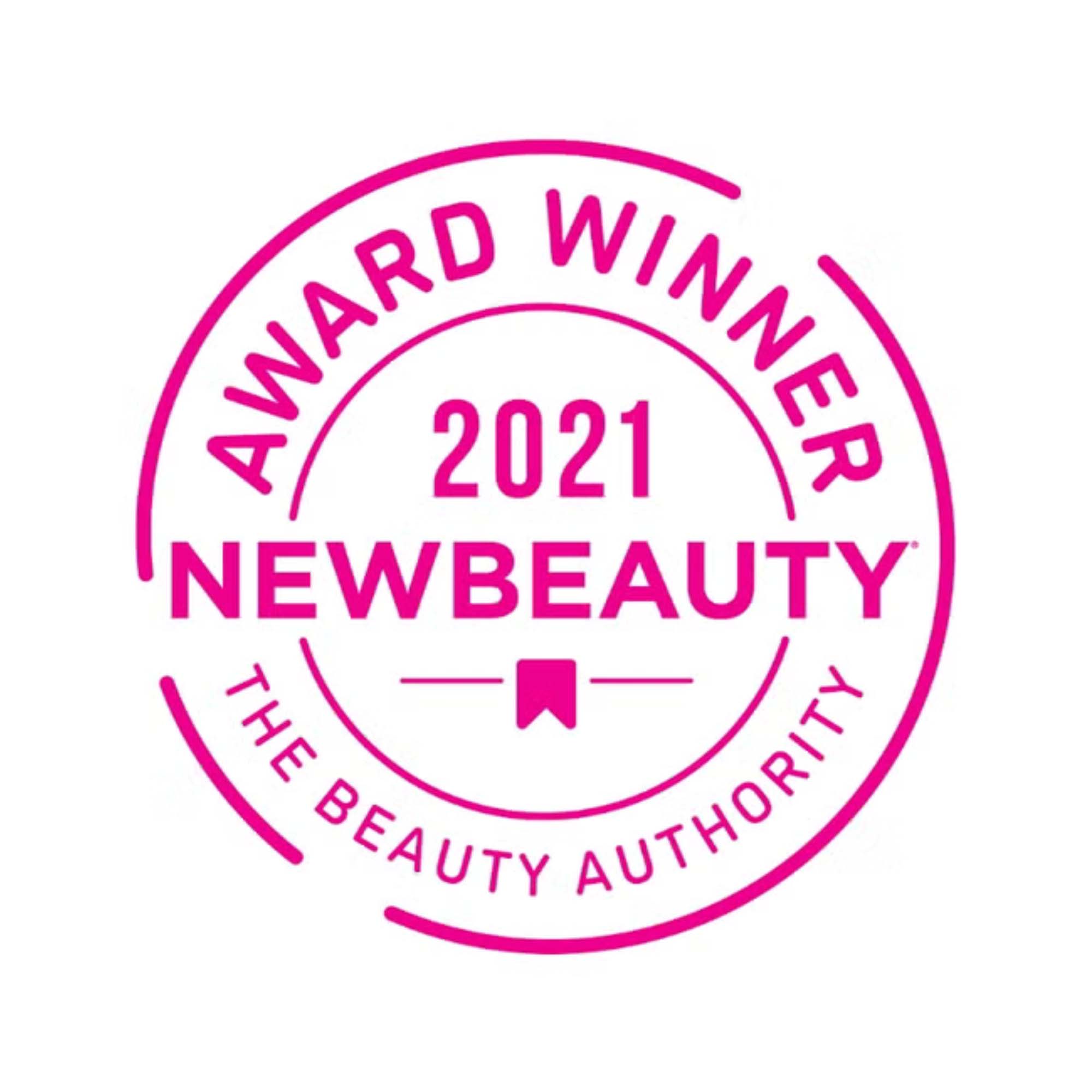 A magenta circular badge on a white background features the text AWARD WINNER 2021 NEWBEAUTY THE BEAUTY AUTHORITY