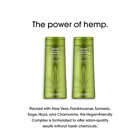 Two green shampoo and conditioner bottles labeled Hemp Hydrating Shampoo and Hemp Hydrating Conditioner are displayed together, with the text The power of hemp at the top and additional text below describing the product ingredients and benefits.