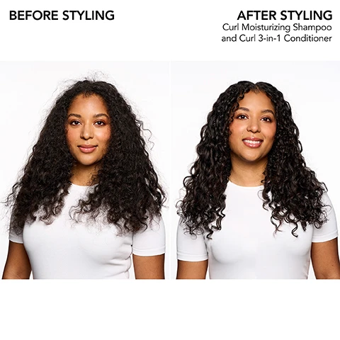 Image 1 - Image shows two women with curly hair, with the left side labeled BEFORE STYLING showing loose, frizzy curls, and the right side labeled AFTER STYLING showing defined, polished curls, accompanied by the text Curl Moisturizing Shampoo and Curl 3-in-1 Conditioner.
              Image 2 - Image of a purple background with white text at the top reading Bb.Curl, and below it a list of hair moisturizing oils and butters: Jojoba oil rich in omega fatty acids, Avocado oil plant oil in oleic acid, omega-9, Coconut oil lightweight oil to penetrate strands, Cocoa butter decadent plant butter powered by fatty acids, and Shea butter nutrient-rich butter.
              Image 3 - A purple background features a tube of Bumble and Bumble Bb Curl 3-in-1 Conditioner, surrounded by icons representing its benefits: oil-infused, reduces frizz, moisturizes, leaves hair shiny, detangles, and gentle. The text on the tube reads Bumble and Bumble Bb Curl 3-in-1 CONDITIONER.
