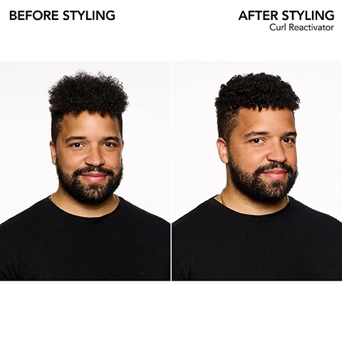 Image 1 - Image shows a side-by-side comparison of a man before and after using a curl reactivator for styling, with text labels reading BEFORE STYLING above the left image and AFTER STYLING Curl Reactivator above the right image.
              Image 2 - Image shows a purple background with white text stating Bb.Curl at the top, followed by a description of a curl collection that includes jojoba oil, avocado oil, coconut oil, cocoa butter, and shea butter, each accompanied by a brief detail about their benefits for moisturizing hair.
              Image 3 - A white spray bottle of Bumble and bumble Curl Reactivator sits on a light purple background, with icons and text around it indicating its benefits: moisturizes, UV filters, reduces frizz, replenishes, oil-infused, and light hold.