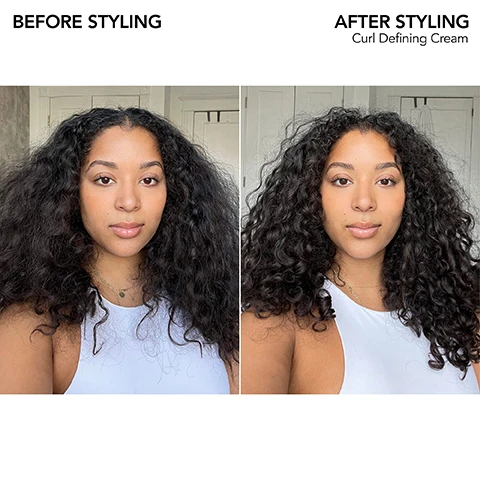Image 1 - Image showing a side-by-side comparison of a woman with long, curly hair; the left side labeled Before Styling shows her hair frizzed and loose, while the right side labeled After Styling shows her hair defined and styled using Curl Defining Cream, highlighting the difference in texture and appearance.
              Image 2 - A woman smiling is shown in two side-by-side images, with the left labeled BEFORE STYLING showing voluminous, unstyled hair and the right labeled AFTER STYLING displaying defined curls and the text Curl Defining Cream.
              Image 3 - Image shows a purple background with white text that reads Bb.Curl at the top, followed by a description stating OUR CURL COLLECTION IS ENHANCED WITH A RICH BLEND OF OILS AND BUTTERS TO DEEPLY MOISTURIZE HAIR, and lists five ingredients: JOJOBA OIL - oil rich in omega fatty acids, AVOCADO OIL - plant oil rich in oleic acid, omega-9, COCONUT OIL - lightweight oil known to penetrate strands, COCOA BUTTER - decadent plant butter powered by fatty acids, and SHEA BUTTER - nutrient-rich butter.
              Image 4 - A bottle of Bumble and bumble Bb Curl Defining Cream is centered on a lavender background, surrounded by icons representing its benefits, including UV filters, moisturizing properties, detangling, softening, reducing frizz, leaving hair shiny, and replenishing. The visible text on the bottle reads Bumble and bumble Bb Curl DEFINING CREAM 5.1 FL OZ (150 ML).
              Image 5 - Two bottles of hair cream against a light purple background: one labeled Curl Defining Cream for thick to medium hair types, and another labeled Curl Light Defining Cream for medium to fine hair types, both describing their respective benefits and features.