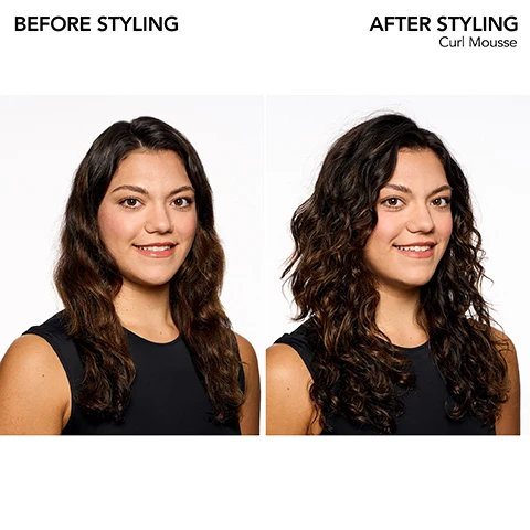 Image 1 - Image shows a woman with long hair, smiling in two side-by-side portraits; the left is labeled BEFORE STYLING showing her hair straight and loose, while the right is labeled AFTER STYLING displaying her hair in curly waves with text Curl Mousse below.
              Image 2 - Image shows a side-by-side comparison of a man with curly hair and a beard, labeled BEFORE STYLING on the left and AFTER STYLING on the right, with the right side also including the text Curl Mousse.
              Image 3 - Image shows a purple background with white text that reads Bb. Curl at the top, followed by a description stating OUR CURL COLLECTION IS ENHANCED WITH A RICH BLEND OF OILS AND BUTTERS TO DEEPLY MOISTURIZE HAIR. Below are five bullet points with illustrations and descriptions of oils: JOJOBA OIL - oil rich in omega fatty acids, AVOCADO OIL - plant oil rich in oleic acid, omega-9, COCONUT OIL - lightweight oil known to penetrate strands, COCOA BUTTER - decadent plant butter powered by fatty acids, and SHEA BUTTER - nutrient-rich butter.
              Image 4 - A can of Bumble and bumble Bb Curl Mousse with a purple background, surrounded by icons representing benefits: UV filters, moisturizes, oil-infused, holds, volume, reduces frizz, and humidity protection.