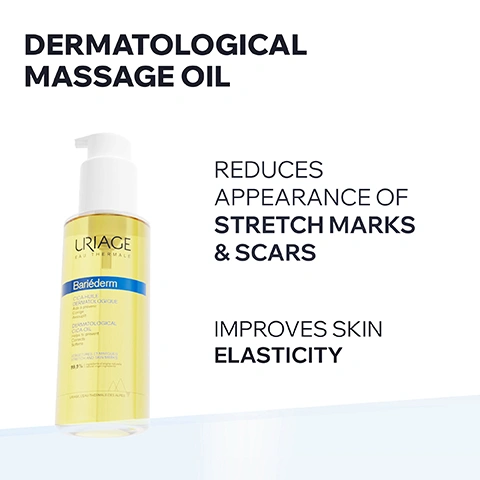 Image 1 - A translucent yellow Uriage Bariéderm Cica-Oil bottle with a white pump dispenser is shown on a white background, with visible text including Dermatological Massage Oil, Reduces Appearance of Stretch Marks & Scars, Improves Skin Elasticity, Uriage Eau Thermale, Bariéderm, Cica-Huile Dermatologique Aide à prévenir Corrige Assouplit, Dermatological Cica-Oil Helps to prevent Corrects Softens, Vergetures et Marques Stretch and Skin Marks, 99.9% ingrédients d’origine naturelle natural origin ingredients, and Uriage L’Eau Thermale des Alpes. Image 2 - A hand with pink nails applies clear oil to skin, with text that reads STRETCH MARKS & SCARS, MASSAGE OIL, FAST ABSORBING, FRAGRANCE-FREE. Image 3 - An image illustrating an Advanced Dermatological Formula, featuring two golden oil drops in a petri dish labeled Jojoba & Avocado Oil Improves skin elasticity, and a second petri dish with yellow oil labeled Sunflower Oil Naturally rich in omega-6 & vitamin E to intensely nourish skin. Image 4 - The image shows a split view with a white background on the left and a close-up of dry, scaly skin on the right, featuring a dark circular logo that reads BREVET URIAGE GF REPAIR URIAGE PATENT, and additional text on the white background stating EXCLUSIVE PATENT* ENHANCES SKIN REPAIR *French patent. Image 5 - A smiling bald man with a beard and glasses, wearing a white lab coat with a pink ribbon pin, is shown next to text that reads: RECOMMENDED BY DERMATOLOGISTS, Massage oil may help prevent & improve recent stretch marks, and Certified dermatologist Dr. Karan Lal. Image 6 - An infographic titled COMMITTED TO HEALTHY SKIN, featuring four sections: a doctor icon with the text DEVELOPED & RECOMMENDED BY DERMATOLOGISTS; a pregnant woman icon with the text SUITABLE DURING PREGNANCY & BREASTFEEDING; a crossed-out perfume bottle icon with the text FRAGRANCE-FREE; and a leaves icon with the text 99,9% INGREDIENTS OF NATURAL ORIGIN.