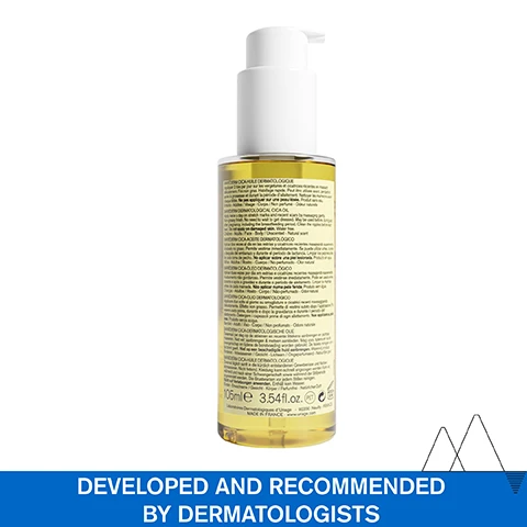 Image 1 - A bottle of Uriage Bariederm Cica-Huile Dermatologique oil with a pump top and label showing BARIEDERM CICA-HUILE DERMATOLOGIQUE 105ml e 3.54fl.oz. Image 2 - A hand applying oil to skin with text overlay STRETCH MARKS & SCARS Fast absorbing & non-greasy oil 99,9% ingredients of natural origin Fragrance-free. Image 3 - A pregnant person applies spray to their belly with text overlay that reads PREVENTS THE APPEARANCE OF STRETCH MARKS. Image 4 - Bottle of Uriage Bariederm Cica-Oil alongside text 99,9% INGREDIENTS OF NATURAL ORIGIN, REDUCES APPEARANCE OF STRETCH MARKS & SCARS*, and IMPROVES SKIN ELASTICITY. Image 5 - A graphic showing text about a dermatological formula ingredients and benefits. Text reads ADVANCED DERMATOLOGICAL FORMULA JOJOBA & AVOCADO OIL Improves skin elasticity SUNFLOWER OIL naturally rich in omega-6 and vitamin E to intensely nourish skin [GF REPAIR PATENT] Enhances skin repair URIAGE GF REPAIR BREVET PATENT. Image 6 - An image with a mountain background and a diagram showing five icons linked by a line, each next to a text label reading Developed and recommended by dermatologists, Safe during pregnancy & breastfeeding, Fragrance-free, High-tolerance, 99,9% ingredients of natural origin. Image 7 - A man wearing a lab coat smiles, with a quote overlayed A massage oil helps prevent & improve recent stretch marks, and text below reads DR. KARAN LAL, DERMATOLOGIST. Image 8 - Three Uriage products, a white tube, blue spray, and clear bottle with yellow liquid, are displayed with labels 1 Cleanse, 2 Soothe, and 3 Soften above them, featuring the visible text URIAGE EAU THERMALE Bariederm-CICA GEL NETTOYANT au Cuivre-Zinc Purifie Apaise Anti-irritations CLEANSING GEL with Copper-Zinc Purifies Soothes Anti-irritations PEAUX FRAGILISEES, IRRITEES WEAKENED, IRRITATED SKIN VISAGE - CORPS - MAINS / FACE - BODY - HANDS SANS SAVON / SOAP-FREE NON PARFUME / UNSCENTED TESTE SOUS CONTROLE DERMATOLOGIQUE URIAGE, LEAU THERMALE DES ALPES 200 ml e 6.8 fl.oz. URIAGE EAU THERMALE EAU THERMALE URIAGE THERMAL WATER 100% PURE ET NATURELLE 100% PURE AND NATURAL HYDRATE - APAISE - PROTEGE PUISÉE AU COEUR DES ALPES FRANÇAISES HYDRATES - SOOTHES - PROTECTS DRAWN FROM THE HEART OF THE FRENCH ALPS HYPOALLERGÉNIQUE 300 ml e 10 fl.oz. URIAGE EAU THERMALE Bariederm CICA-HUILE DERMATOLOGIQUE Aide à prévenir Corrige Assouplit DERMATOLOGICAL CICA-OIL Helps to prevent Corrects Softens VERGETURES ET MARQUES STRETCH and SKIN MARKS 99,9% ingredients dorigine naturelle natural origin ingredients URIAGE, LEAU THERMALE DES ALPES. Image 9 - A bottle of Uriage Bariéderm-CICA Dermatological Oil with oil drops and a seal recommended by dermatologists, featuring text Uriage Eau Thermale Bariéderm-CICA Huile Dermatologique Aide à prévenir Corrige Assouplit Dermatological Oil Helps to prevent Corrects Softens 99,9% ingrédients dorigine naturelle natural origin ingredients Vergetures et Marques Stretch and Skin Marks Uriage, LEau Thermale des Alpes.