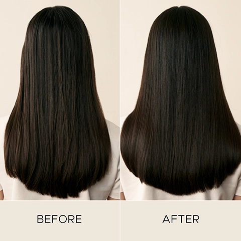 A split image showing dark hair from the back, with the left side labeled BEFORE and the right side labeled AFTER.
