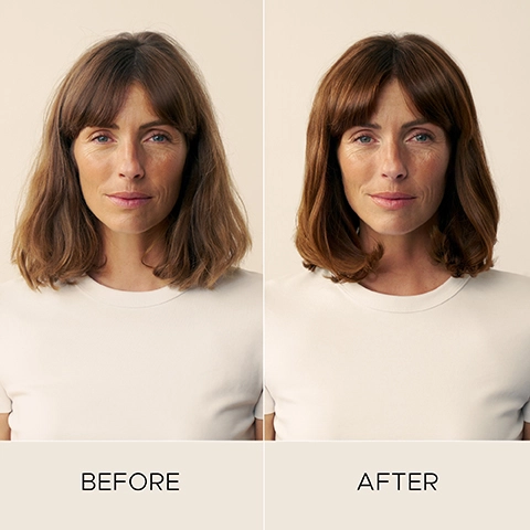 A split image shows a woman with medium brown hair, appearing less styled on the left and more styled on the right, with the text BEFORE and AFTER below.