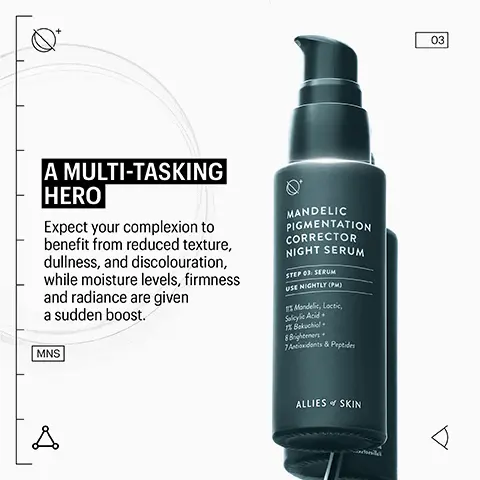 Image 1, A MULTI-TASKING HERO Expect your complexion to benefit from reduced texture, dullness, and discolouration, while moisture levels, firmness and radiance are given a sudden boost. Image 2, 11% Mandelic + Lactic + Salicylic Acid 1% Bakuchiol 1% Superoxide Dismutase 8 Brighteners 7 Antioxidants & Peptides. Image 3, IT REALLY WORKS So far, this serum has done wonders for my skin. It clears up the dark spots of old acne scars and prevents new breakouts from taking over my face. I can also see my skin looking brighter and more refreshed. Image 4, dosage, pumps all over your face and neck PM avoiding eye area
