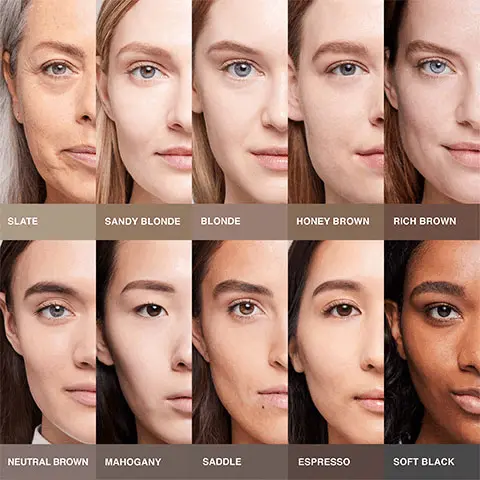 Image 1, Swatches of the shades. Image 2, the shades being modelled. Shades- Slate, Sandy Blonde, Blonde, Honey Brown, Rich Brown, Neutral Brown, Mahogany, Saddle, Espresso, Soft Black