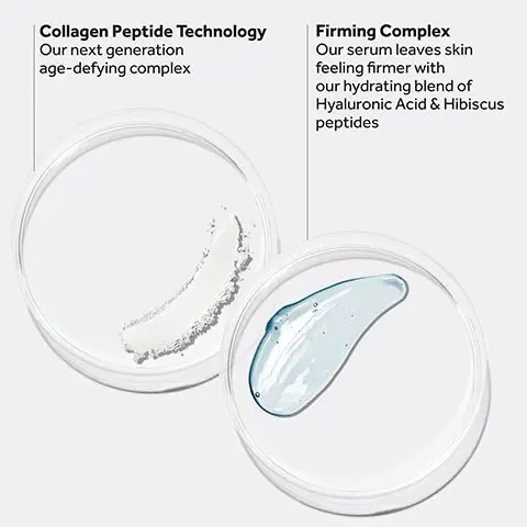Collagen peptide technology our next generation age-defying complex, firming complex our serum leaves skin feeling firmer with our hydrating blend of hyaluronic acid & hibiscus peptides
