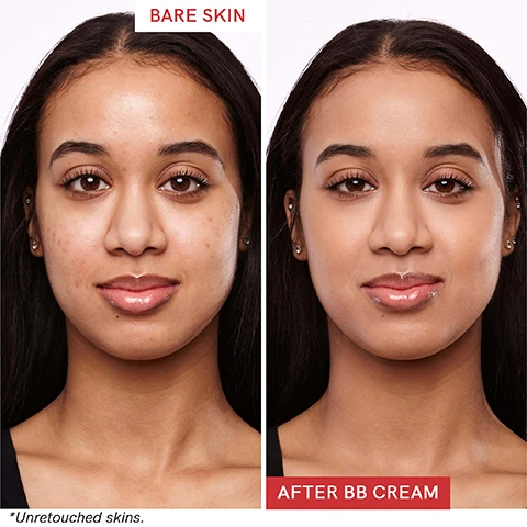 Image 1 to 4, bare skin vs after BB cream. unretouched skin.