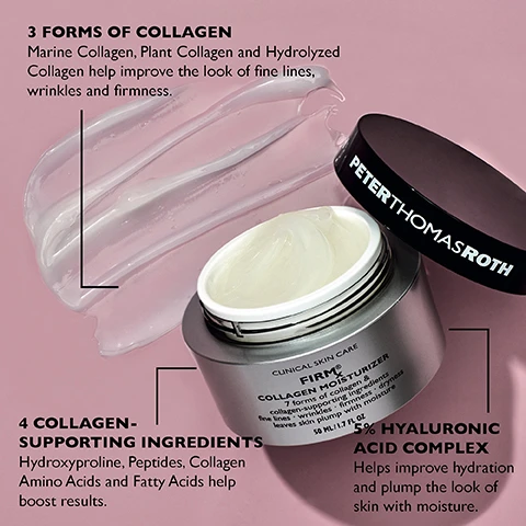 Image 1 - A jar of Peter Thomas Roth Firm Collagen Moisturizer is slightly open with a thick, creamy texture visible inside, accompanied by a gel-like product beside it; the image includes text highlighting three forms of collagen and four collagen-supporting ingredients.
              Image 2 - A person holding a jar of Firm X Collagen Moisturizer with a small amount on their fingers, featuring text that reads HOW TO USE *Individual results may vary. Apply twice daily to a cleansed face and neck with continued use. For external use only.
              Image 3 - Image shows three skincare products from the FIRMx® routine, including a daily serum, an eye cream, and a moisturizer, with labeled steps indicating their use: Step 1 shows Daily Serum Firm + Tighten, Step 2 shows Eye Cream Smooth + Hydrate, and Step 3 shows Daily Moisturizer Lock Hydration + Boost Elasticity.