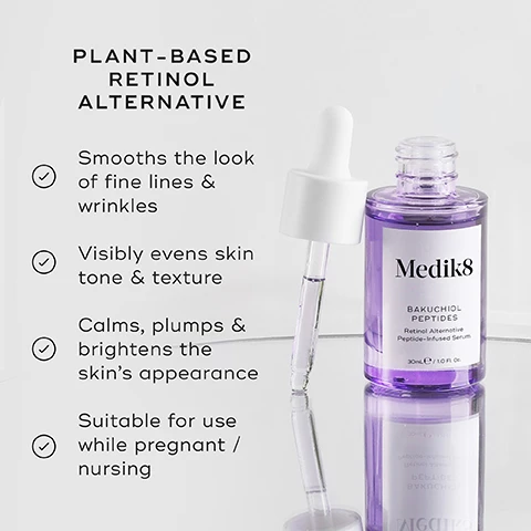 Image 1 - Image of a purple serum bottle with a dropper, labeled as Medik8 Bakuchiol Peptides, with text stating PLANT-BASED RETINOL ALTERNATIVE, and bullet points that describe benefits including smoothing fine lines, evening skin tone, calming and brightening skin, and suitability for use while pregnant or nursing.
              Image 2 - A bottle of Medik8 Bakuchiol Peptides serum is shown with a dropper, accompanied by text describing its ingredients and benefits: Bakuchiol (1.25%) visibly smooths wrinkles and uneven texture, Brightening peptide precursors support a visibly brighter and more even complexion, and Inka Omega Oil replenishes and supports the skin barrier.
              Image 3 - A graphic titled How to Layer showing a skincare routine with products listed for morning (AM) and evening (PM) use, including images of cleanser, vitamin C, vitamin A alternative, sunscreen, toner, and moisturiser, along with icons for AM and PM.