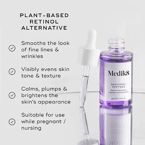 Image 1, PLANT-BASED RETINOL ALTERNATIVE Smooths the look of fine lines & wrinkles Visibly evens skin tone & texture Calms, plumps & brightens the skin's appearance Suitable for use while pregnant / nursing Medik8 BAKUCHIOL PEPTIDES Retinal Alternative Peptide-Infused Serum 30/100 bEb ВУКОСН AGCKS Image 2, AM HOW TO LAYER Mediks Mediks Mediks Mediks CLEANSE VITAMIN C VITAMIN A ALTERNATIVE SUNSCREEN > Mediks Mediks Mediks PM Mediks CLEANSE TONE VITAMIN A ALTERNATIVE MOISTURISE