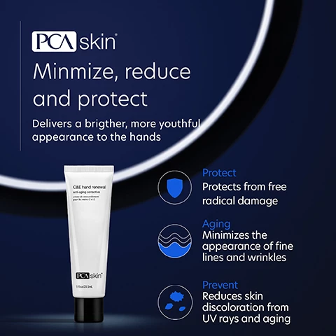 Image 1, minimize, reduce and protect. delivers a brighter more youthful appearance to the hands. protect, protects from free radical damage. aging, minimizes the appearance of fine lines and wrinkles. prevents, reduces skin discoloration from UV rays and aging. Image 2, we've put our best into helping you feel your best. L-Ascorbic acid (vitamin C 10%), minimizes the appearance of fine lines and wrinkles while promoting an even skin tone. tocopherol (vitamin E 5%), a lipid soluble antioxidant vitamin and emollient ingredient. hexylresorcinol (1%), brights and promotes an even skin tones while reducing future discoloration. Image 3, differences you can see, before and after 4 weeks. condition before = skin discoloration and collagen loss. solution = C&E hand renewal *photos not retouched. Image 4, verified customer review = so smooth and absorbs well, doesn't feel sticky at all.