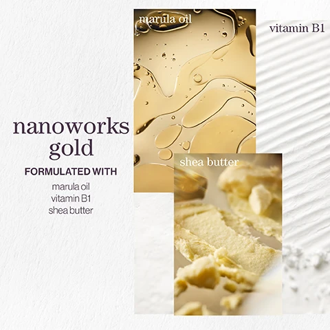 Image 1 - Image shows a product advertisement titled nanoworks gold featuring three components: an image of golden marula oil with the text marula oil, an image of shea butter with the text shea butter, and the words formulated with marula oil, vitamin B1, shea butter in smaller text.
              Image 2 - Image of a customer review featuring five stars and a quote about a hair product stating it is amazing and leaves dehydrated hair feeling silky smooth, labeled as a Lookfantastic verified customer review.
              Image 3 - A light, creamy background features a quote stating that the luxurious formula is full of powerful antioxidants and proteins to keep your hair feeling soft, supple and moisturised, attributed to Neil Moodie, Pureology UK Ambassador, with the words pro favourite prominently displayed.
              Image 4 - A collage featuring three images of ingredients: a close-up of a dewy pear, vanilla pods, and a ylang ylang flower, with text that reads nanoworks gold long days, cool nights with notes of dewy pear ylang ylang vanilla.
              Image 5 - Image shows information about hair care products featuring three key points: vegan formulas sulfate-free for a gentle cleanse, recycled bottles made from post-consumer recycled materials, and up to 80+ washes in one bottle with highly concentrated formulas requiring less water, along with small icons representing each point.
              Image 6 - A flat lay image featuring a light yellow liquid labeled MARULA OIL above a round piece of shea butter labeled SHEA BUTTER and KERAVIS nearby, set against a neutral background.