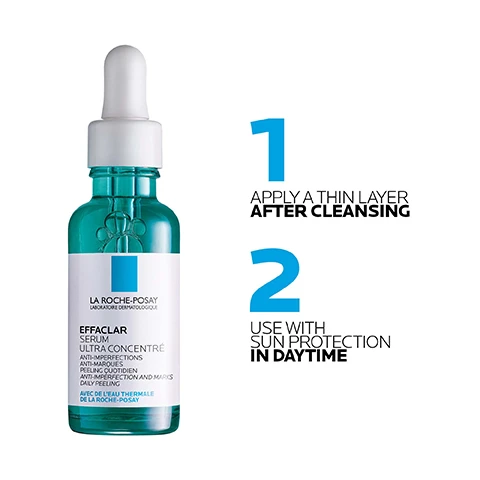 Image 1 - Image of a teal serum bottle labeled LA ROCHE-POSAY EFFACLAR SERUM ULTRA CONCENTRÉ with instructions on the side stating 1 APPLY A THIN LAYER AFTER CLEANSING 2 USE WITH SUN PROTECTION IN DAYTIME.
              Image 2 - The image shows a bottle of La Roche-Posay Effaclar Serum in the center with various skin tones in the background, accompanied by the text EFFACLAR SERUM and SUITABLE FOR ALL SKIN TYPES.
              Image 3 - Image shows a split design with two skincare products from La Roche-Posay; on the left is the Effaclar Serum with a teal background, described as exfoliation for adult and persistent imperfections and visible efficacy by first morning, while on the right is the Anthelios UVMune 400 sunscreen with a white background, stating it provides very high protection in an invisible texture and features text about its oil control and UV protection.
