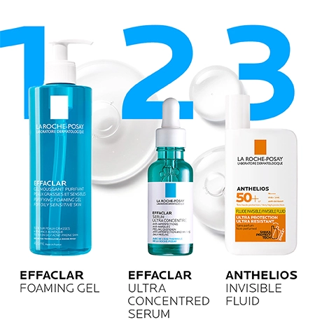 Image 1, effaclar ultra concentrated serum, anti-imperfections, anti-marks, anti-blackheads, no1 dermatologist recommended brand in the UK. Image 2, effaclar ultra concentrated serum, visible efficacy even on adult and persistent imperfections. Image 3,Recommended by dermatologists