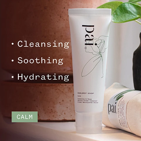 Image 1 - A tube of cleansing cream labeled MIDDLEMIST SEVEN with descriptions of Cleansing, Soothing, and Hydrating, beside a partially visible package of another product, and a green CALM banner in the corner.
              Image 2 - A close-up of a persons face with a white cream applied to their cheek, showcasing a smooth complexion and a slight smile, accompanied by five stars above a testimonial stating beautifully soothing cleanser - leaves my skin feeling clean and comfortable, followed by the name DEBBIE C and icons for organic and vegan certification.
