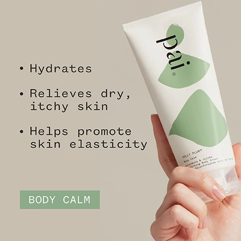 Image 1 - A person holds a tube of Pai Polly Plum body cream, with visible text stating Hydrates, Relieves dry, itchy skin, Helps promote skin elasticity, and BODY CALM on a light background.
              Image 2 - A close-up of a womans shoulder and neck, with a hand resting on her shoulder, showcasing a natural skin tone; the image includes text that reads Seals in moisture and calms my sensitive skin, Kim M, along with various logo certifications including Soil Association Organic, Cosmos Organic, Vegan, and Certified B Corporation.