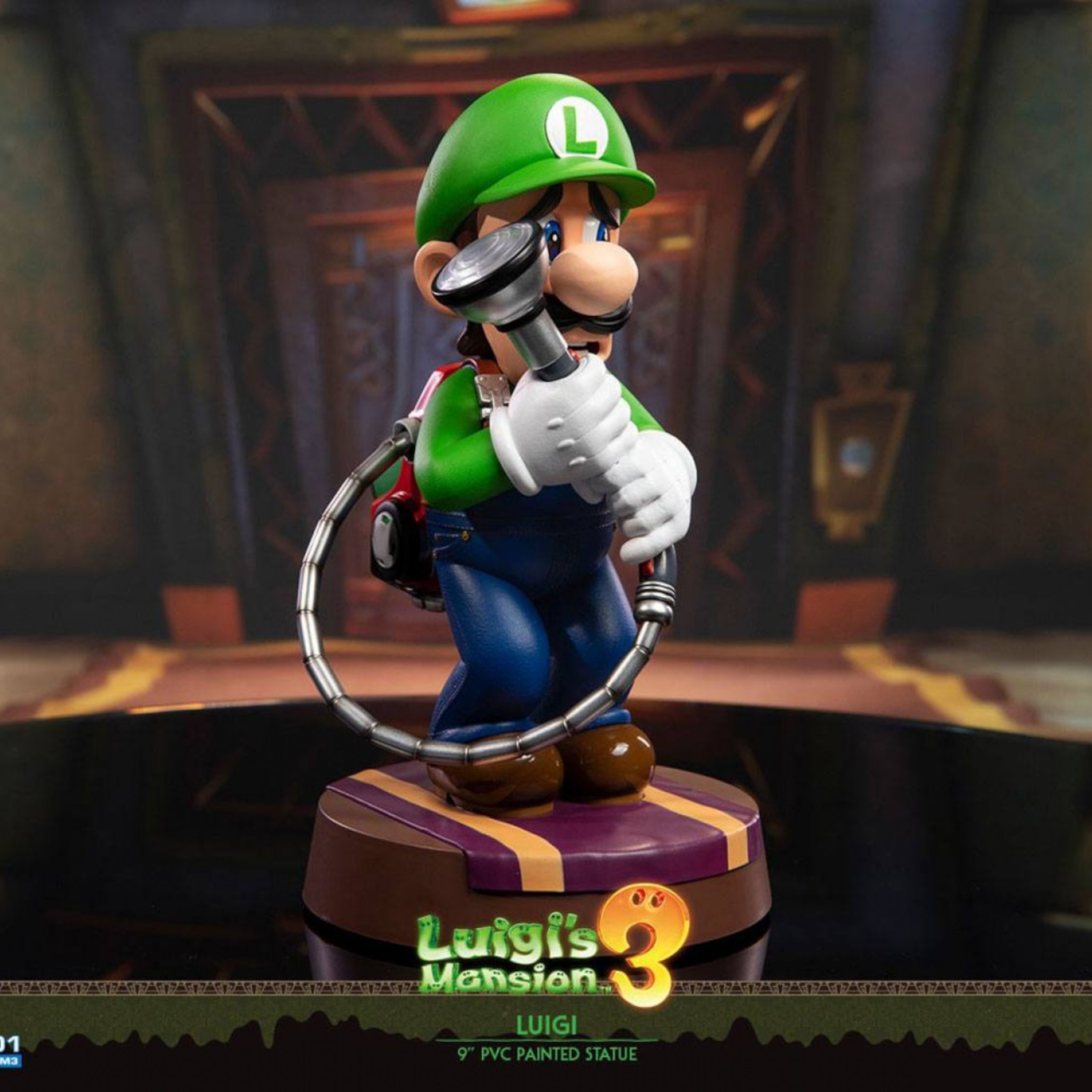 Image showing Luigi cowering, text on screen reads Luigi's Mansions 3. Luigi, 9 inch PVC painter statue