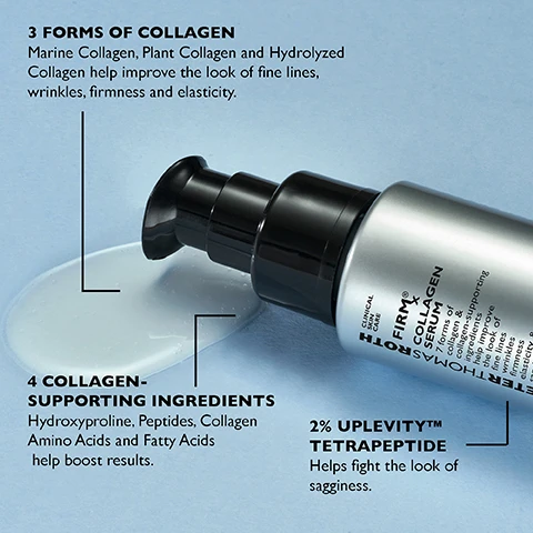 Image 1 - A gray and black bottle of collagen serum is shown with a clear gel pool beside it, labeled with text detailing benefits including three forms of collagen, four collagen-supporting ingredients, and the presence of 2% Uplevity Tetrapeptide, which helps improve skin firmness and elasticity.
              Image 2 - A woman with long dark hair smiles while holding a serum bottle near her cheek, with visible text below reading HOW TO USE Apply twice daily to a cleansed face and neck with continued use. For external use only.*Individual results may vary.
              Image 3 - An image featuring three skincare products arranged on a light gray background, with the following text: STEP 1 DAILY SERUM FIRM + TIGHTEN, STEP 2 EYE CREAM SMOOTH + HYDRATE, STEP 3 DAILY MOISTURIZER LOCK HYDRATION + BOOST ELASTICITY.