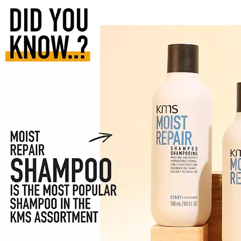 Image 1, did you know moist repair shampoo is the most popular shampoo in the KMS assortment. image 2, did you know moist repair conditioner can remove wax residues when used before shampooing known as reverse washing. image 3, did you know, moist repair revival creme is the perfect base for an air-dried look.