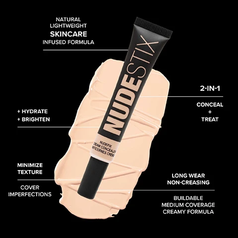 Image 1 - Image of a NUDEFIX cream concealer tube against a soft peach background, with text highlighting features: natural lightweight skincare-infused formula, 2-in-1 conceal and treat, hydrate and brighten, minimize texture, cover imperfections, long wear non-creasing, and buildable medium coverage creamy formula.
              Image 2 - An image of a NUDESTIX skincare infused concealer with a dark brown shade tube and an applicator, surrounded by red berries and droplets of liquids on a beige background, includes visible text describing key ingredients: Hyaluronic Acid, Sweet Berry Complex, and Articum Lappa Root Extract, along with their benefits.
              Image 3 - A brown concealer applicator with soft bristles is shown against a black background, accompanied by the text that reads YOUR SKIN BUT BETTER Never cakey, never drying, always looks like nude skin NUDEFIX CREAM CONCEALER FORMULATED WITH SUPER-GEL TECHNOLOGY Fixes onto skin to cover undereye darkness, spots, blemishes and redness for all skin types.
              Image 4 - A black reusable tin containing a NUDEFIX cream concealer tube and a mirrored lid, with text promoting sustainability and reusable packaging.