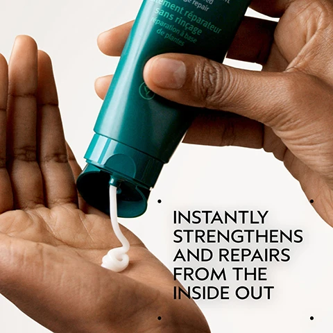 Image 2 - A hand squeezes a teal product tube, dispensing white cream onto an open palm, with visible text on the tube including traitement réparateur sans rinçage réparation à base de plantes and large text on the background reading INSTANTLY STRENGTHENS AND REPAIRS FROM THE INSIDE OUT. Image 3 - A before and after image showing the back of a person with short, light blonde hair, where the left side labeled BEFORE shows frizzy, unwashed hair and the right side labeled AFTER shows smooth, straight hair; visible text reads: BEFORE, AFTER, Unwashed Hair, Results with botanical repair™ strengthening shampoo, intensive strengthening masque: light and strengthening leave-in treatment. Blow dried with round bristle hair brush. Image 4 - The image shows a dark green background with a large circular abstract design featuring swirling green and yellow liquid, accented by white dots in the corners, and text that reads: PLANT-DERIVED BOND BUILDING MOLECULE, PLANT-DERIVED BOND BUILDING MOLECULE PENETRATES DEEP WITHIN THE CORTEX BUILDING NEW BONDS FOR STRONGER HAIR, NOURISHING MACRO-GREEN BLEND, WITH AVOCADO, GREEN TEA AND SACHA INCHI OILS SMOOTHS THE CUTICLE TO DETANGLE AND HELP PREVENT BREAKAGE. Image 5 - Close-up of a smooth, white, creamy texture with subtle waves and shadows, resembling a skincare product. Image 6 - A step-by-step hair care guide featuring four circular images against a green botanical background with water droplets, showing hands washing hair, applying a masque, dispensing product, and combing styled hair, with text reading HOW TO USE, 01 CLEANSE Botanical Repair™ Strengthening Shampoo, 02 CONDITION Botanical Repair™ Strengthening Masque: Rich, 03 REPAIR Botanical Repair™ Strengthening Leave-In Treatment and Botanical Repair™ Bond-Building Flash Treatment, 04 STYLE Botanical Repair™ Strengthening Bond-Building Styling Creme. Image 7 - Three white certification logos are displayed against a dark green leafy background with a red plant on the left, reading 100% VEGAN, Certified B Corporation, and Cruelty Free INTERNATIONAL.